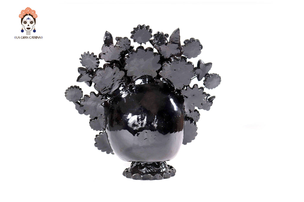 Skull with Headdress Black with Base- Glazed Clay - 8.8 in. Tereri