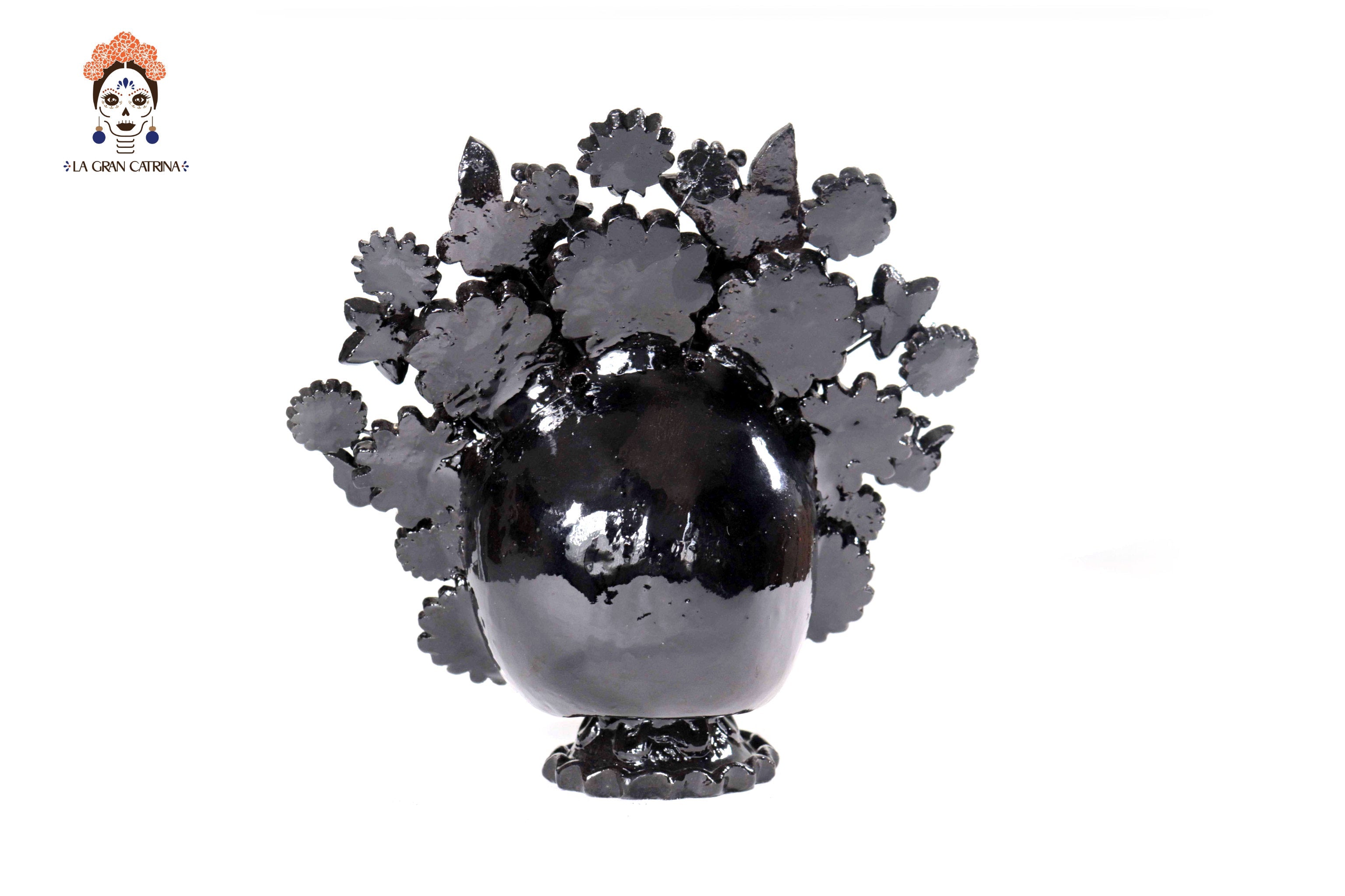 Skull with Headdress Black with Base- Glazed Clay - 8.8 in. Tereri