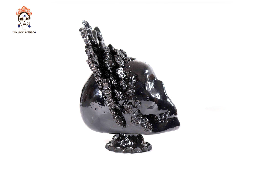 Skull with Headdress Black with Base- Glazed Clay - 8.8 in. Tereri