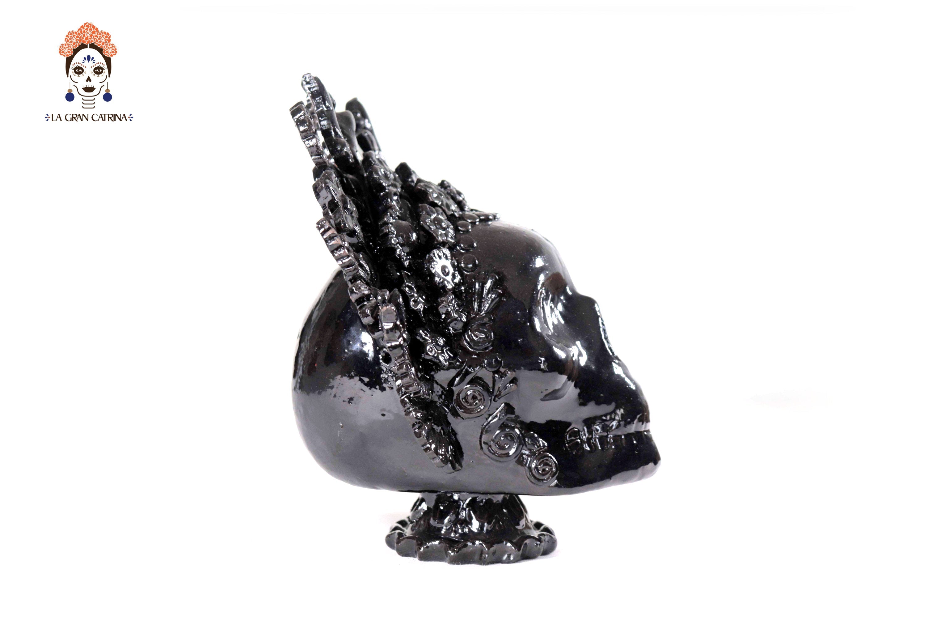 Skull with Headdress Black with Base- Glazed Clay - 8.8 in. Tereri
