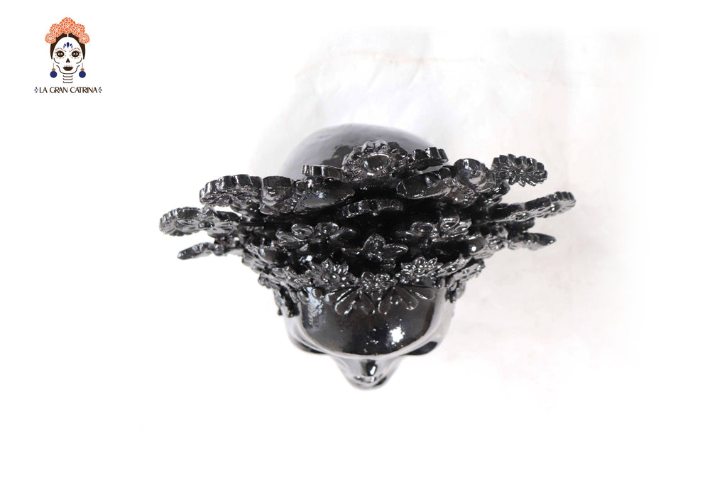 Skull with Headdress Black with Base- Glazed Clay - 8.8 in. Tereri