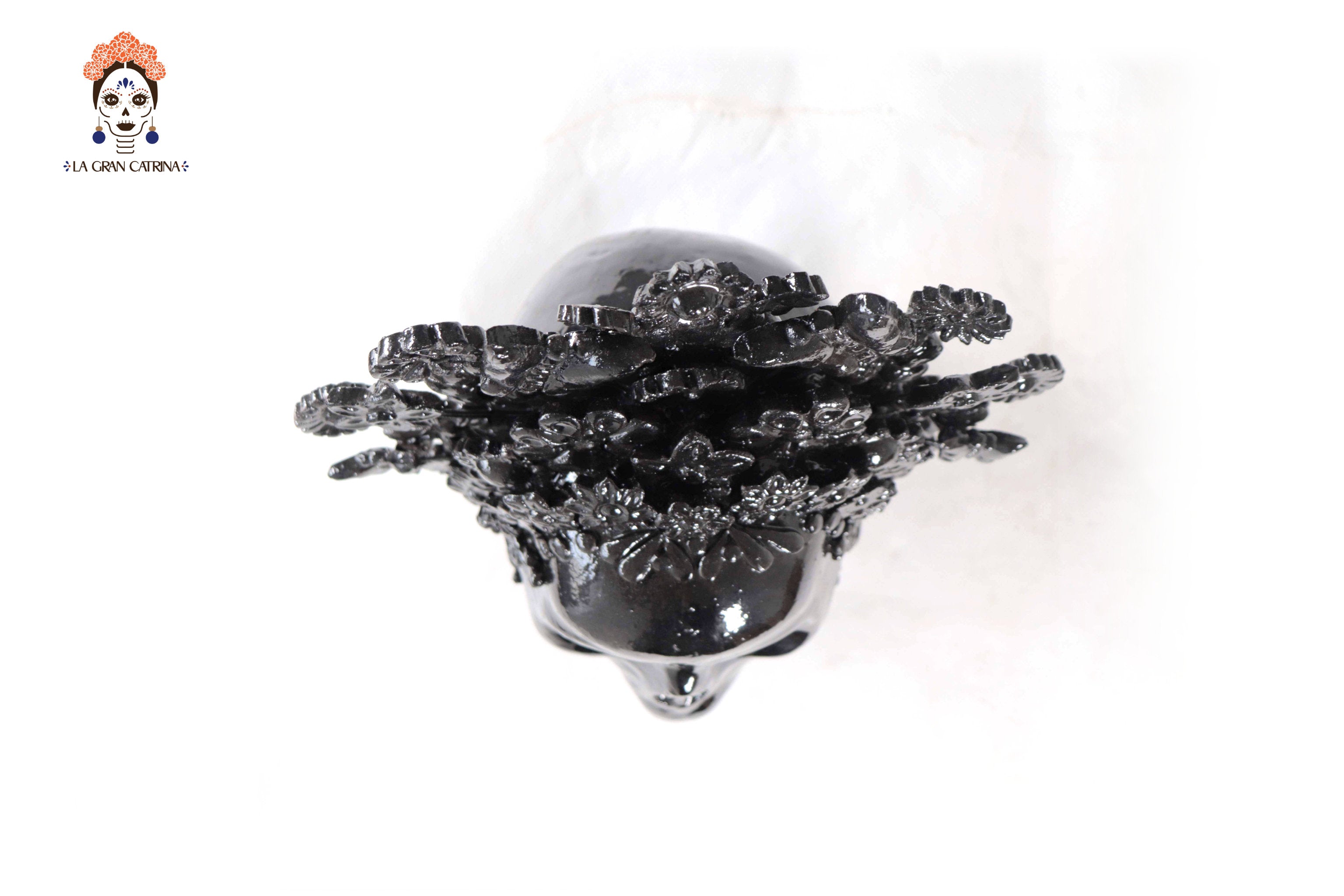 Skull with Headdress Black with Base- Glazed Clay - 8.8 in. Tereri