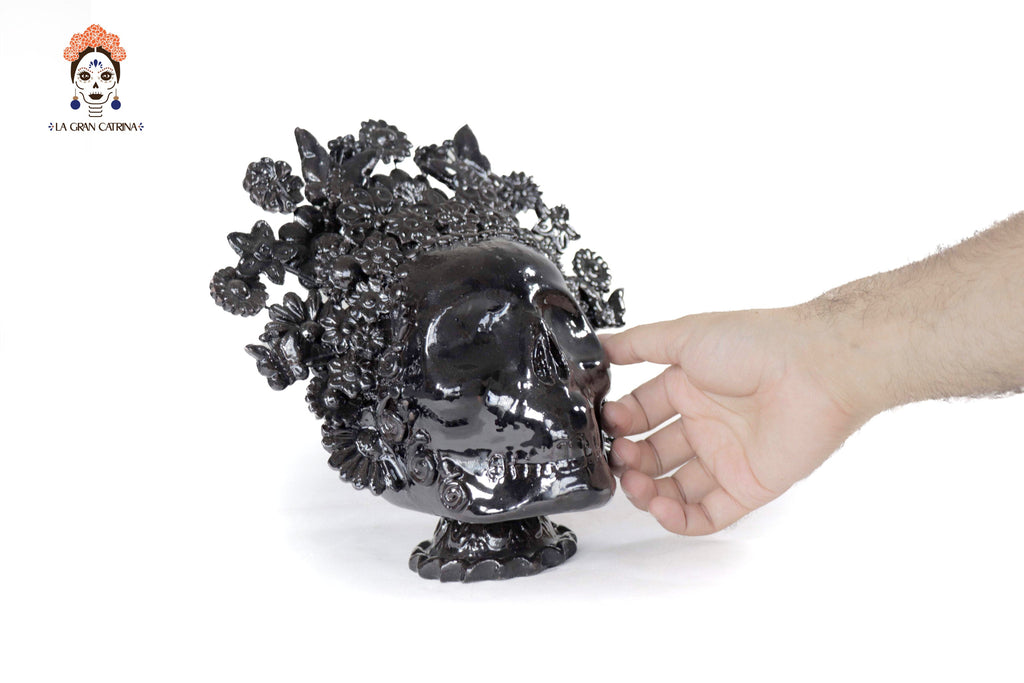 Skull with Headdress Black with Base- Glazed Clay - 8.8 in. Tereri