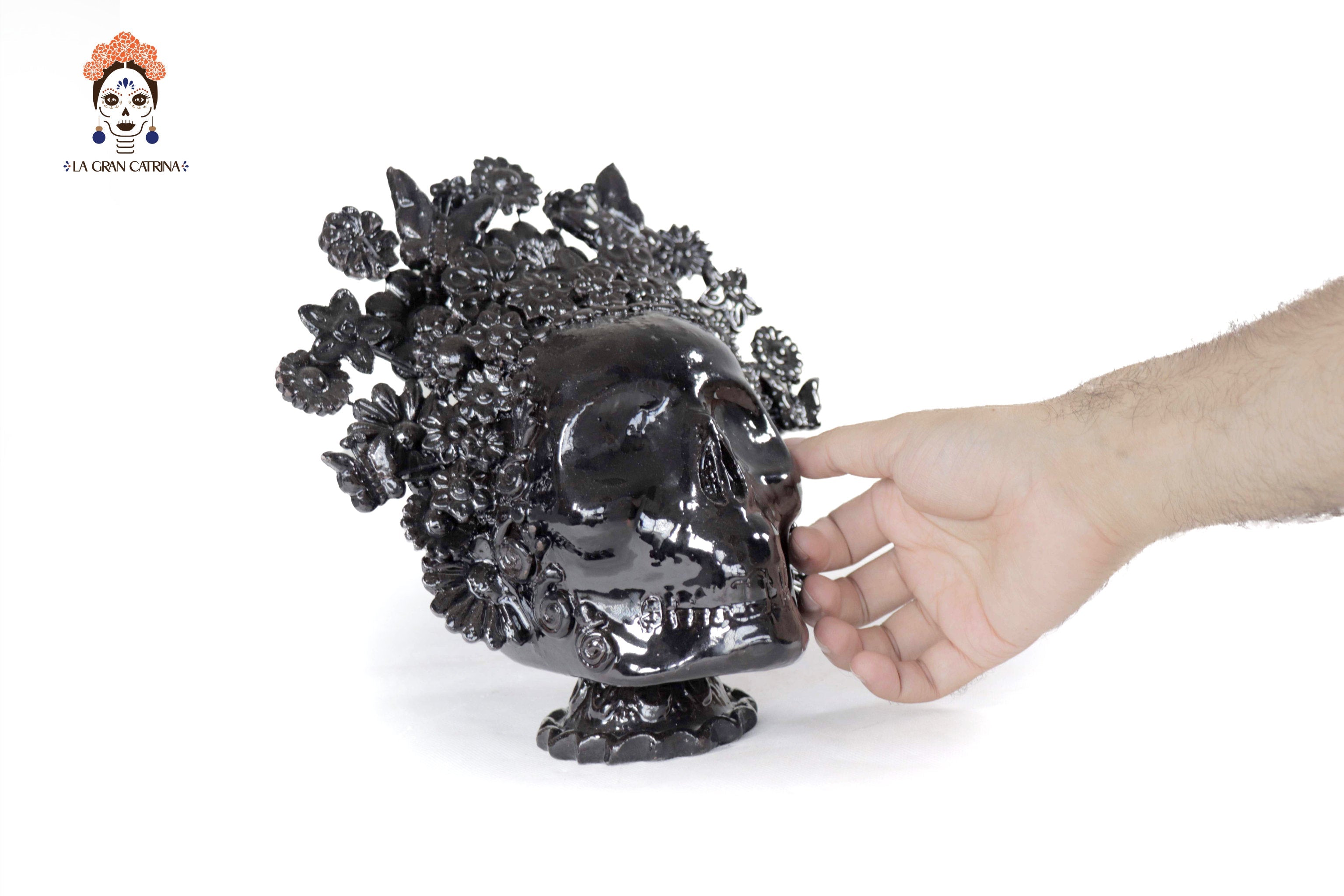 Skull with Headdress Black with Base- Glazed Clay - 8.8 in. Tereri