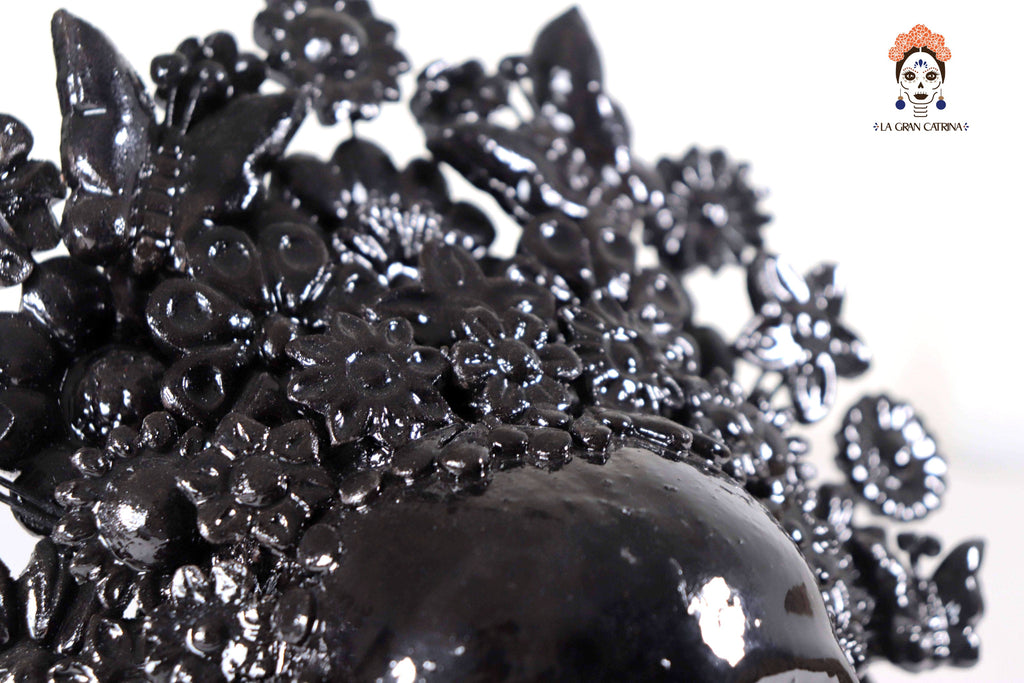Skull with Headdress Black with Base- Glazed Clay - 8.8 in. Tereri