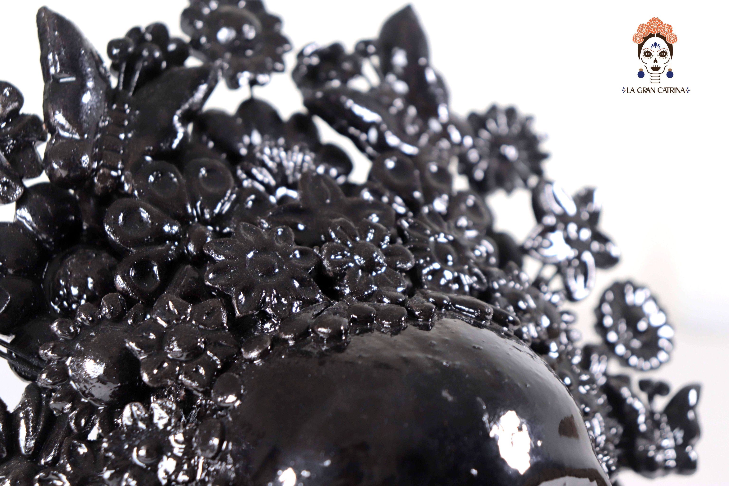 Skull with Headdress Black with Base- Glazed Clay - 8.8 in. Tereri