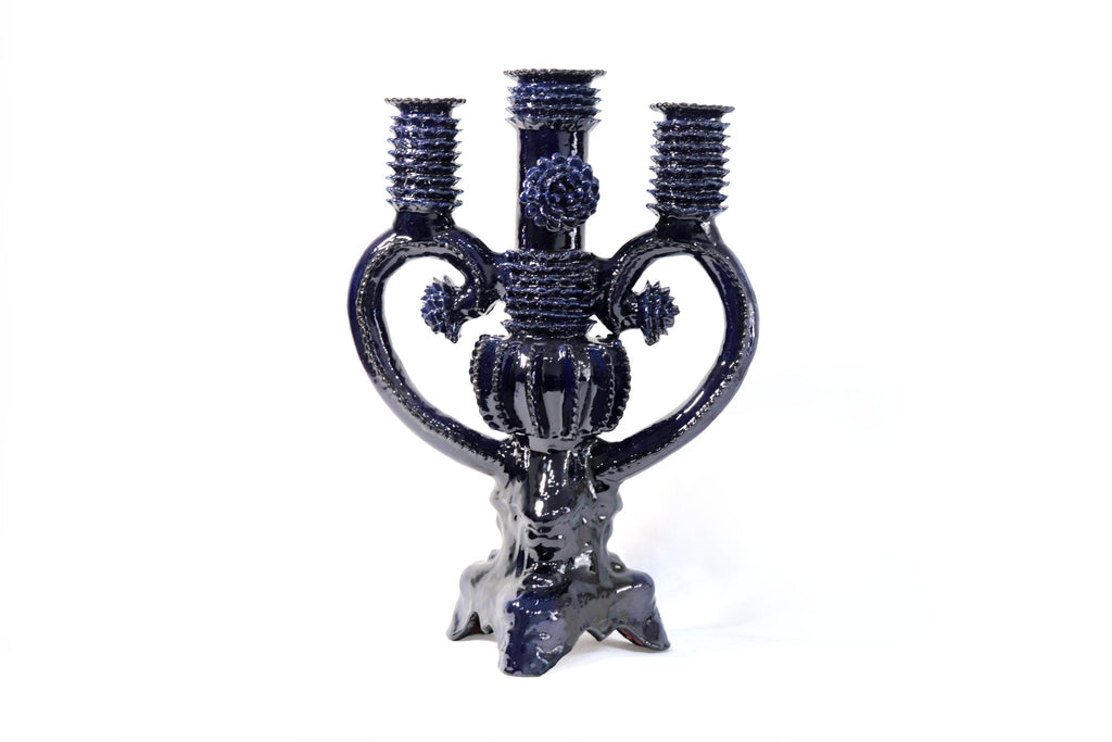 3-Candle Candleholder heart Blue - 16.5 in. - Glazed Clay - Made to Order 5+ Pcs Juan Gtz