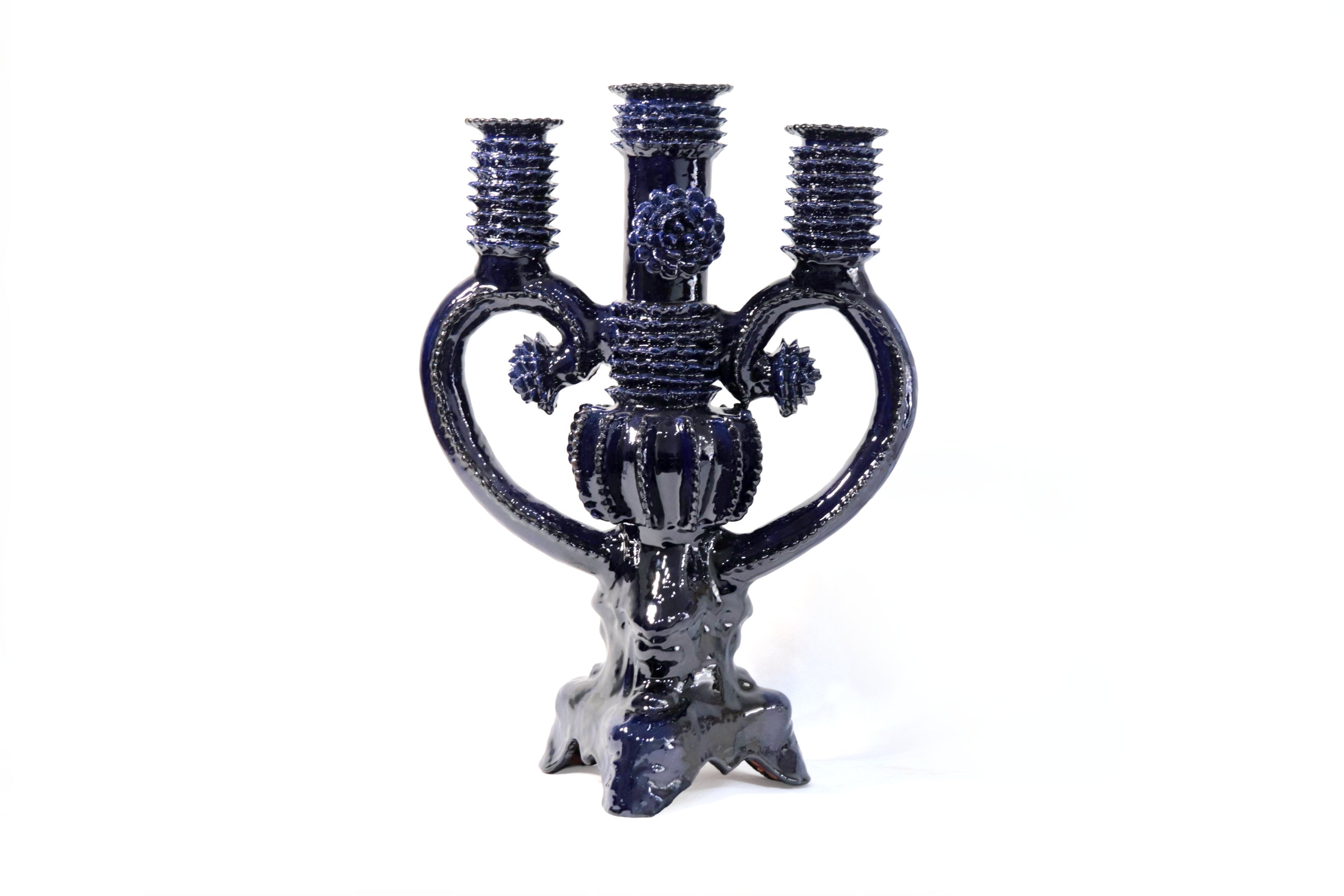 3-Candle Candleholder heart Blue - 16.5 in. - Glazed Clay - Made to Order 5+ Pcs Juan Gtz