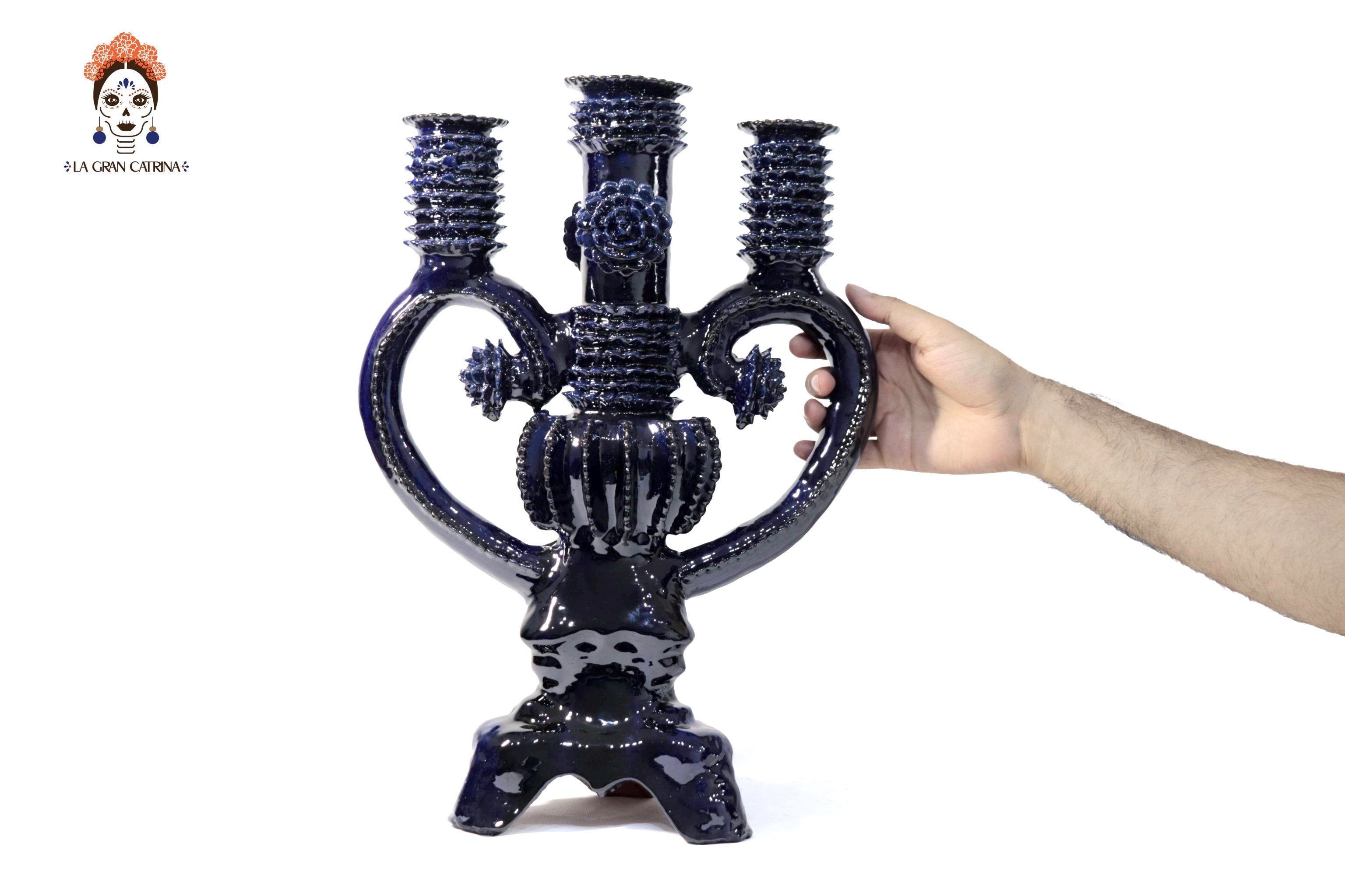 3-Candle Candleholder heart Blue - 16.5 in. - Glazed Clay - Made to Order 5+ Pcs Juan Gtz