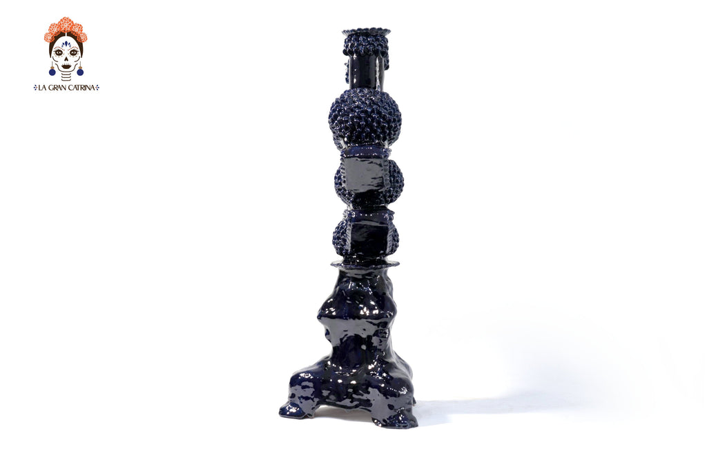 3-Candle Candleholder - Blue Round Ornaments - Glazed Clay Juan Gtz
