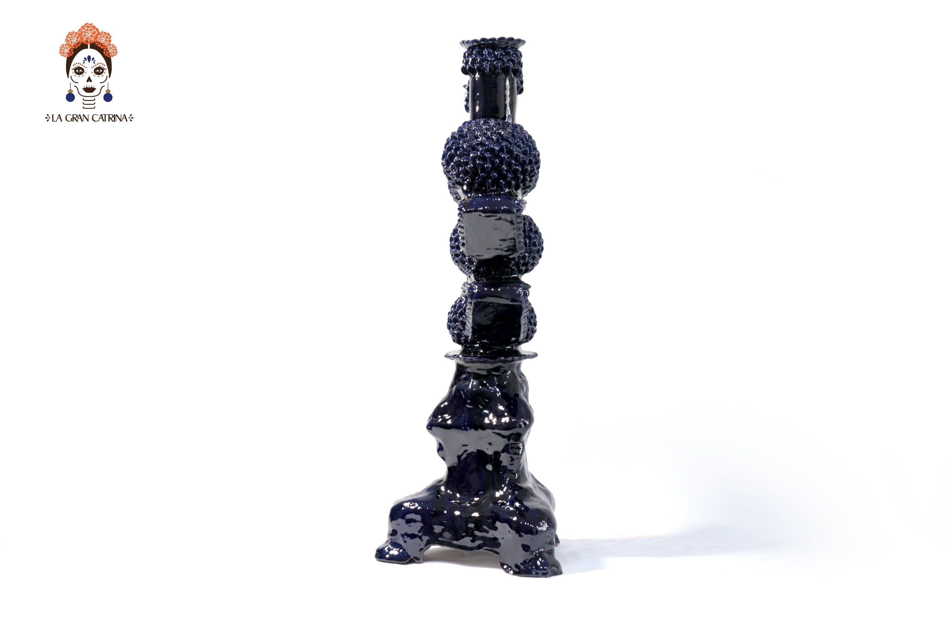 3-Candle Candleholder - Blue Round Ornaments - Glazed Clay Juan Gtz