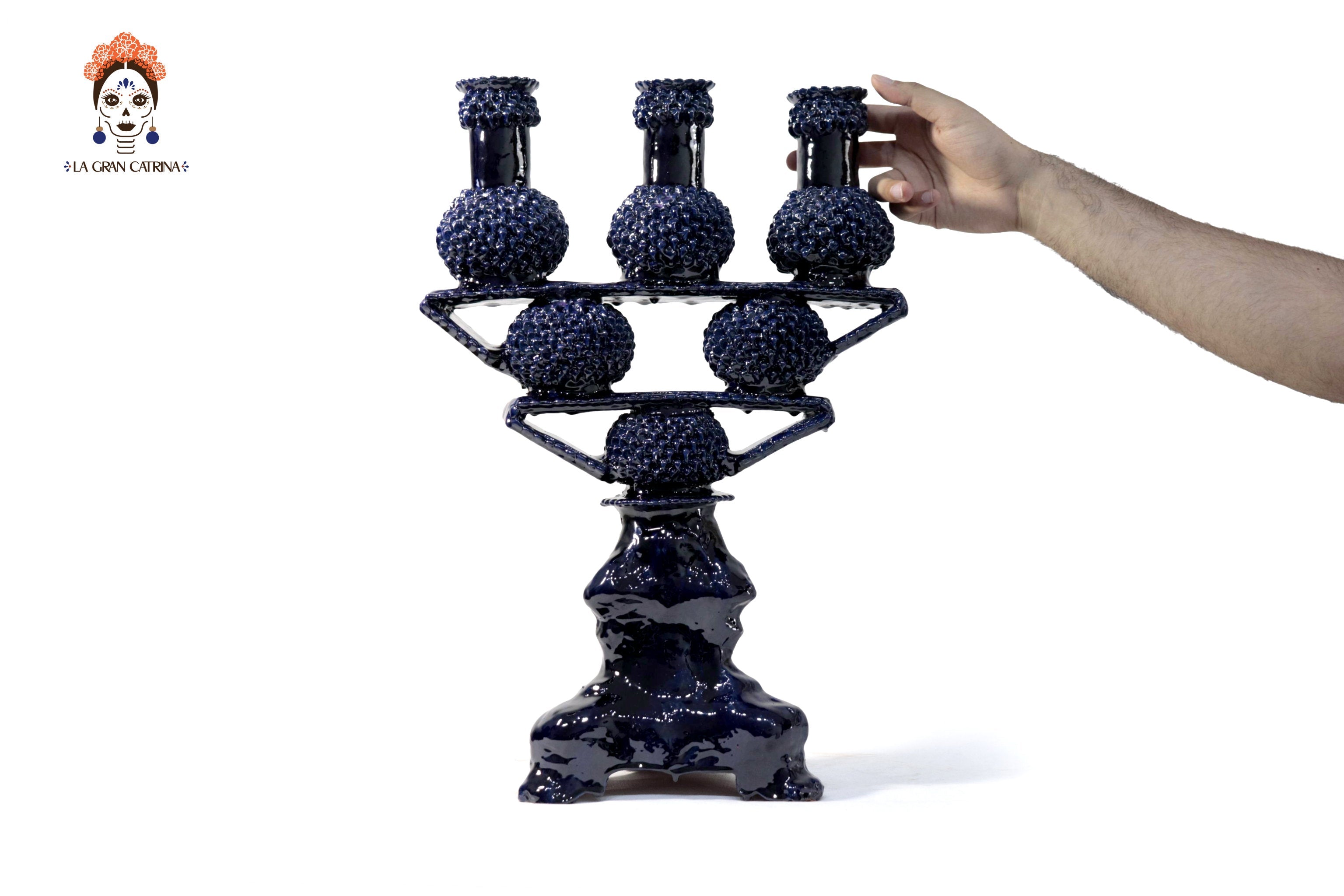 3-Candle Candleholder - Blue Round Ornaments - Glazed Clay Juan Gtz