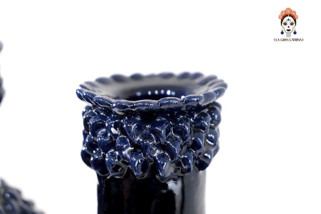 3-Candle Candleholder - Blue Round Ornaments - Glazed Clay Juan Gtz