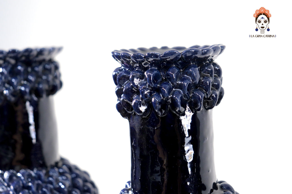 3-Candle Candleholder - Blue Round Ornaments - Glazed Clay Juan Gtz