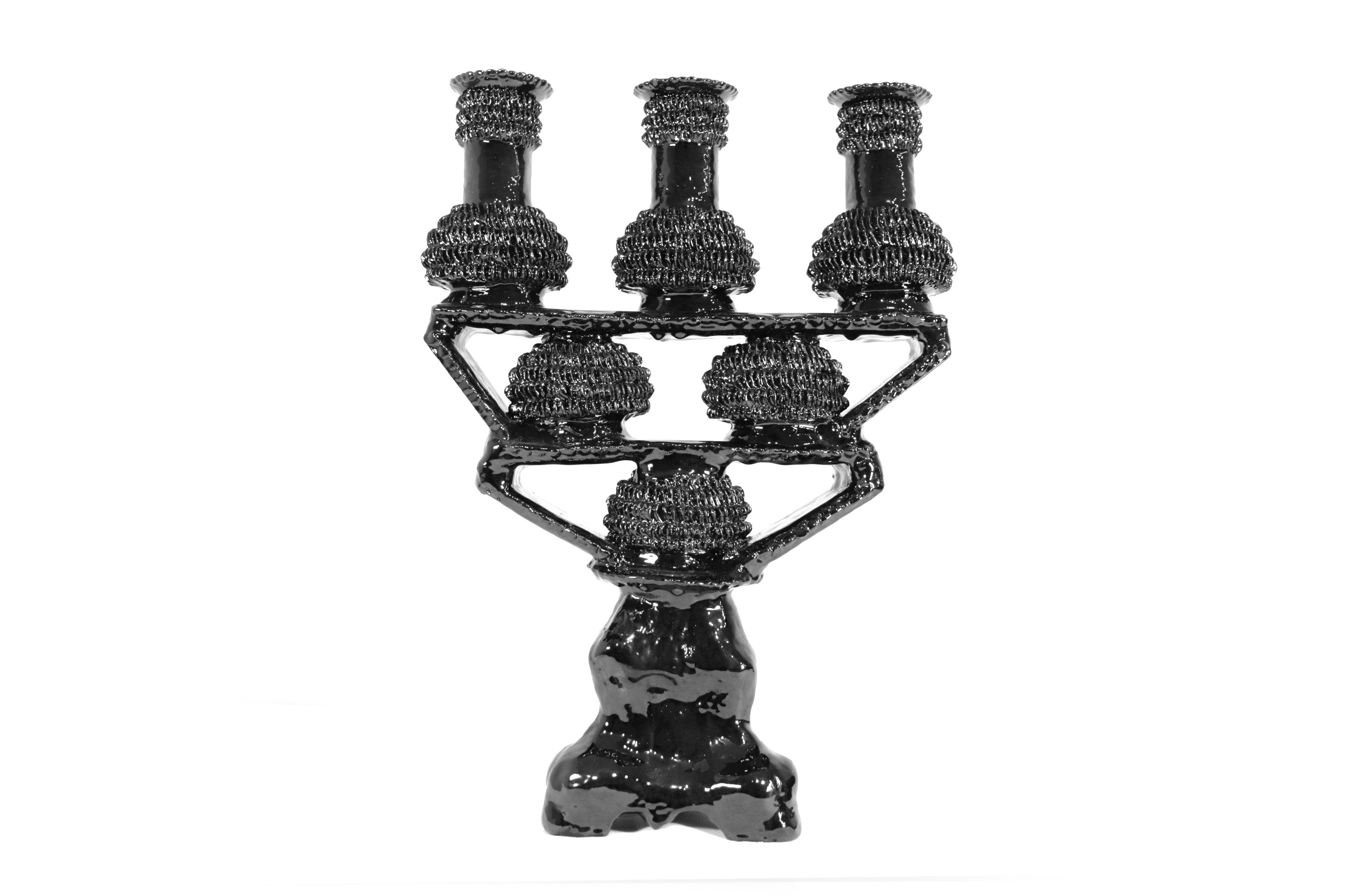 3-Candle Candleholder - Black with Round Ornaments - Glazed Clay Juan Gtz