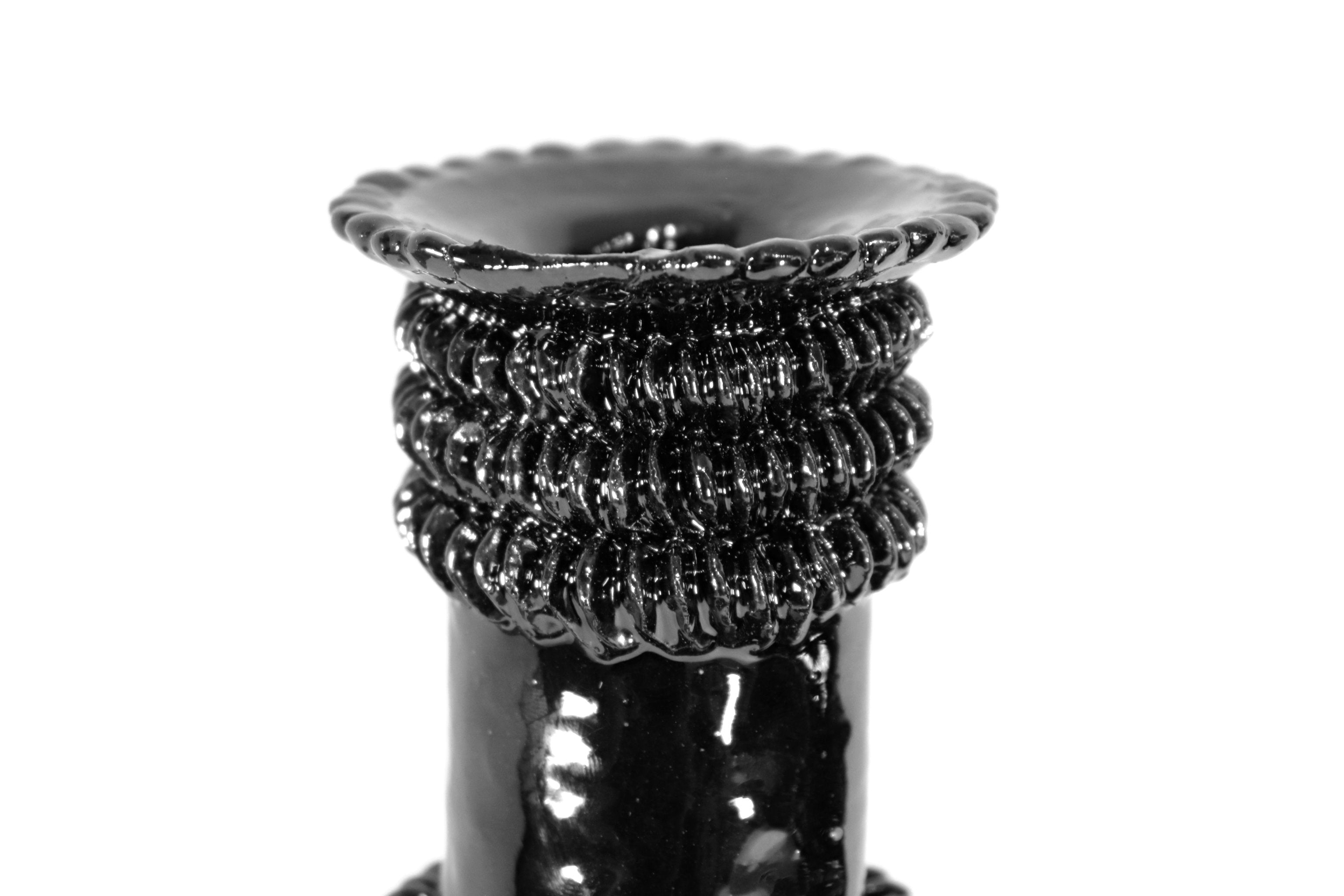 3-Candle Candleholder - Black with Round Ornaments - Glazed Clay Juan Gtz