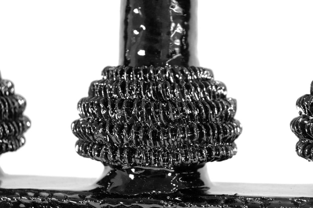 3-Candle Candleholder - Black with Round Ornaments - Glazed Clay Juan Gtz