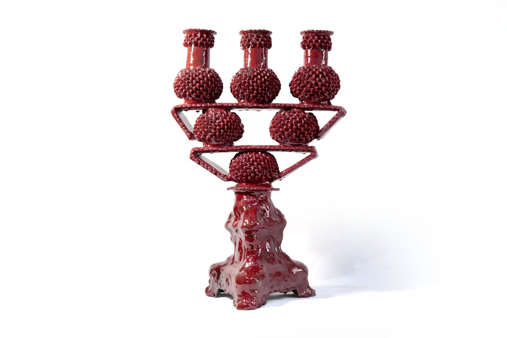 3-Candle Candleholder - Red Round Ornaments - Glazed Clay Juan Gtz