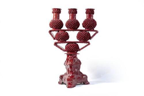 3-Candle Candleholder - Red Round Ornaments - Glazed Clay Juan Gtz