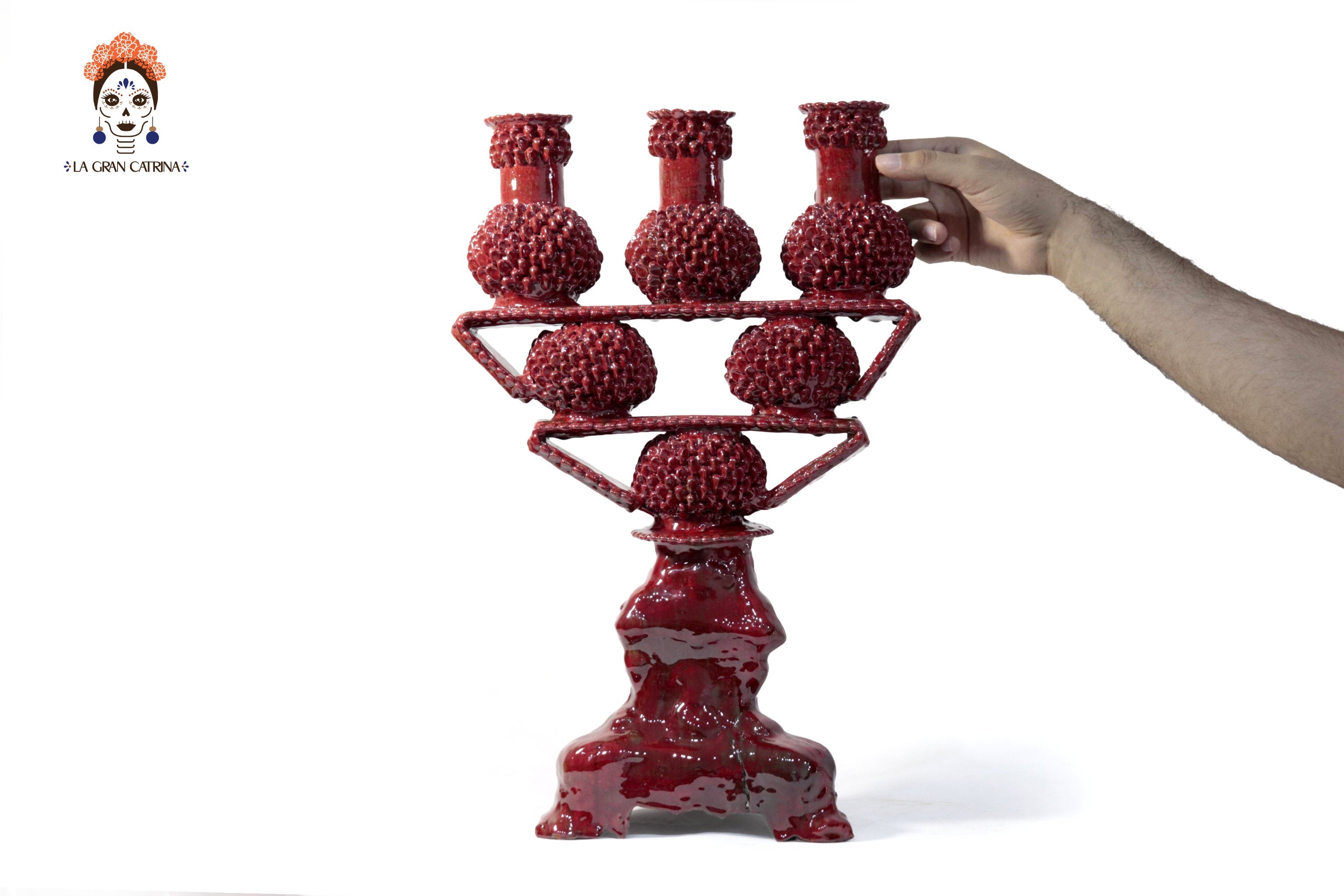 3-Candle Candleholder - Red Round Ornaments - Glazed Clay Juan Gtz