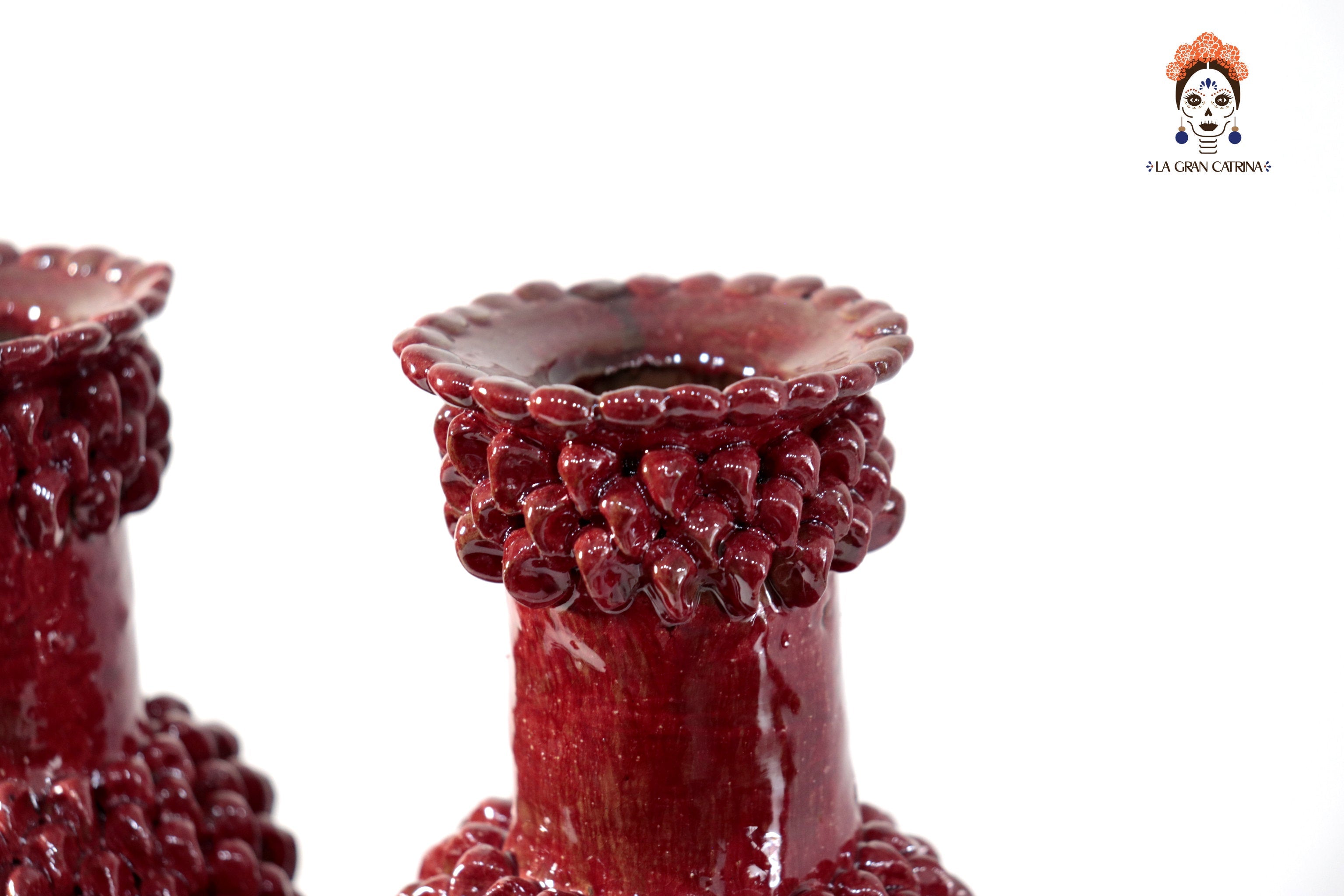 3-Candle Candleholder - Red Round Ornaments - Glazed Clay Juan Gtz