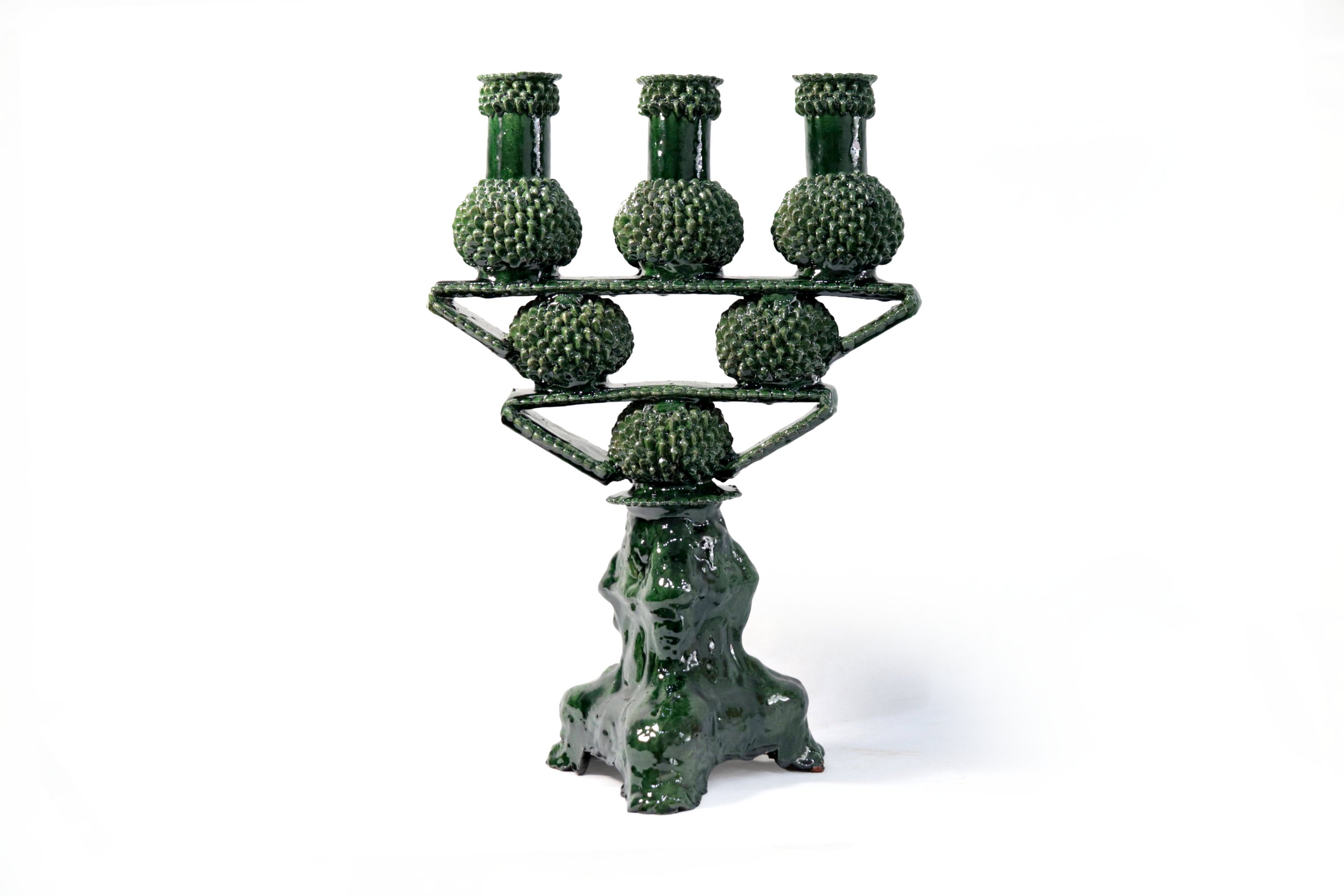 3-Candle Candleholder - Green Round Ornaments - Glazed Clay Juan Gtz