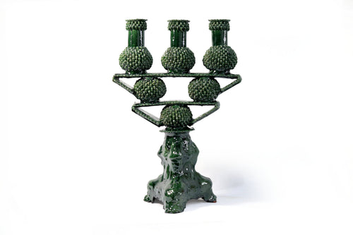 3-Candle Candleholder - Green Round Ornaments - Glazed Clay Juan Gtz
