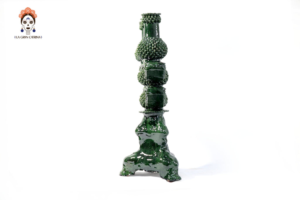 3-Candle Candleholder - Green Round Ornaments - Glazed Clay Juan Gtz