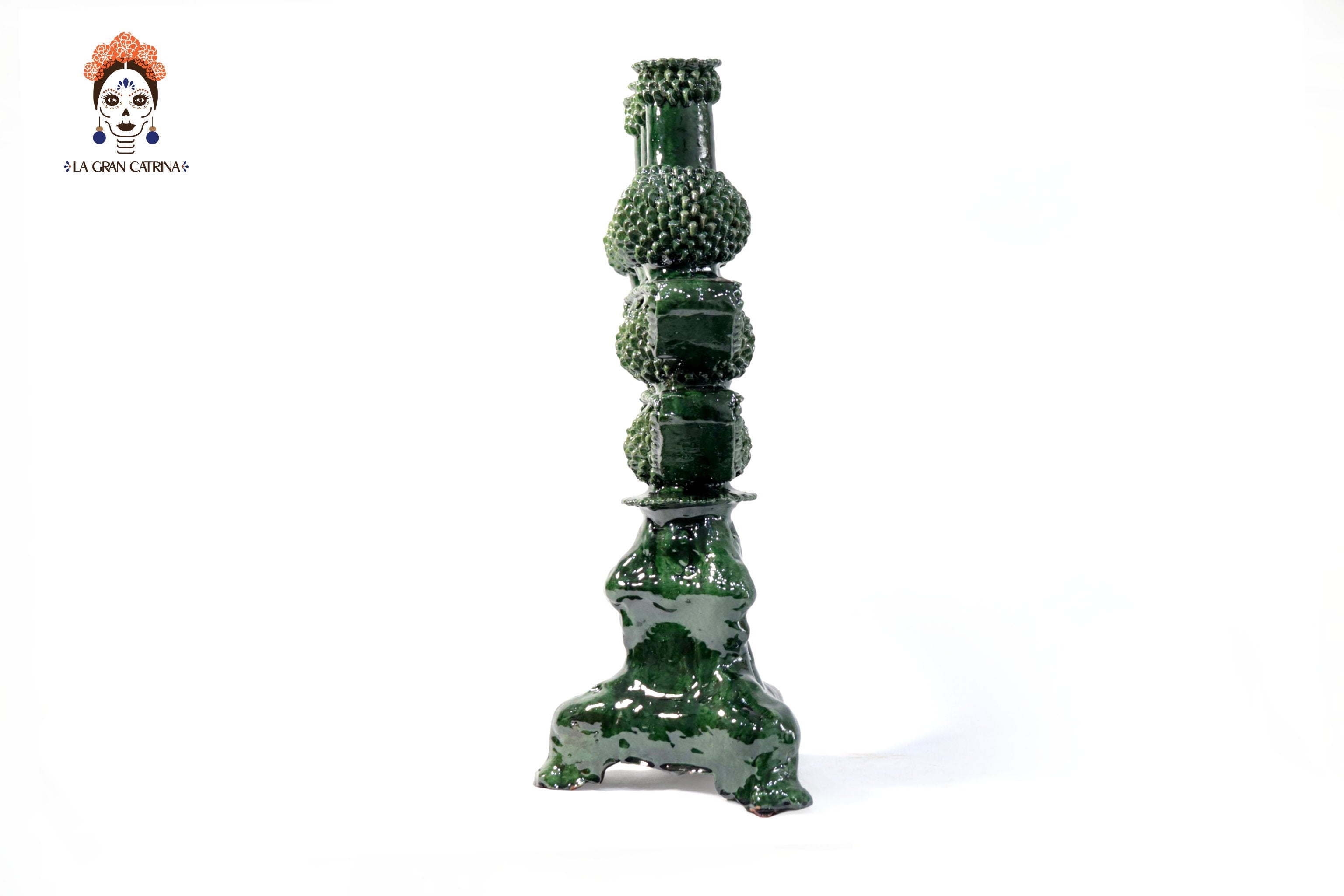 3-Candle Candleholder - Green Round Ornaments - Glazed Clay Juan Gtz