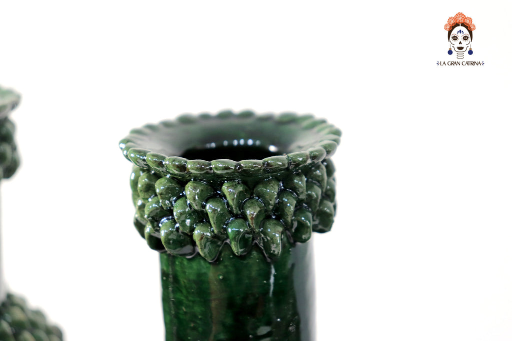 3-Candle Candleholder - Green Round Ornaments - Glazed Clay Juan Gtz