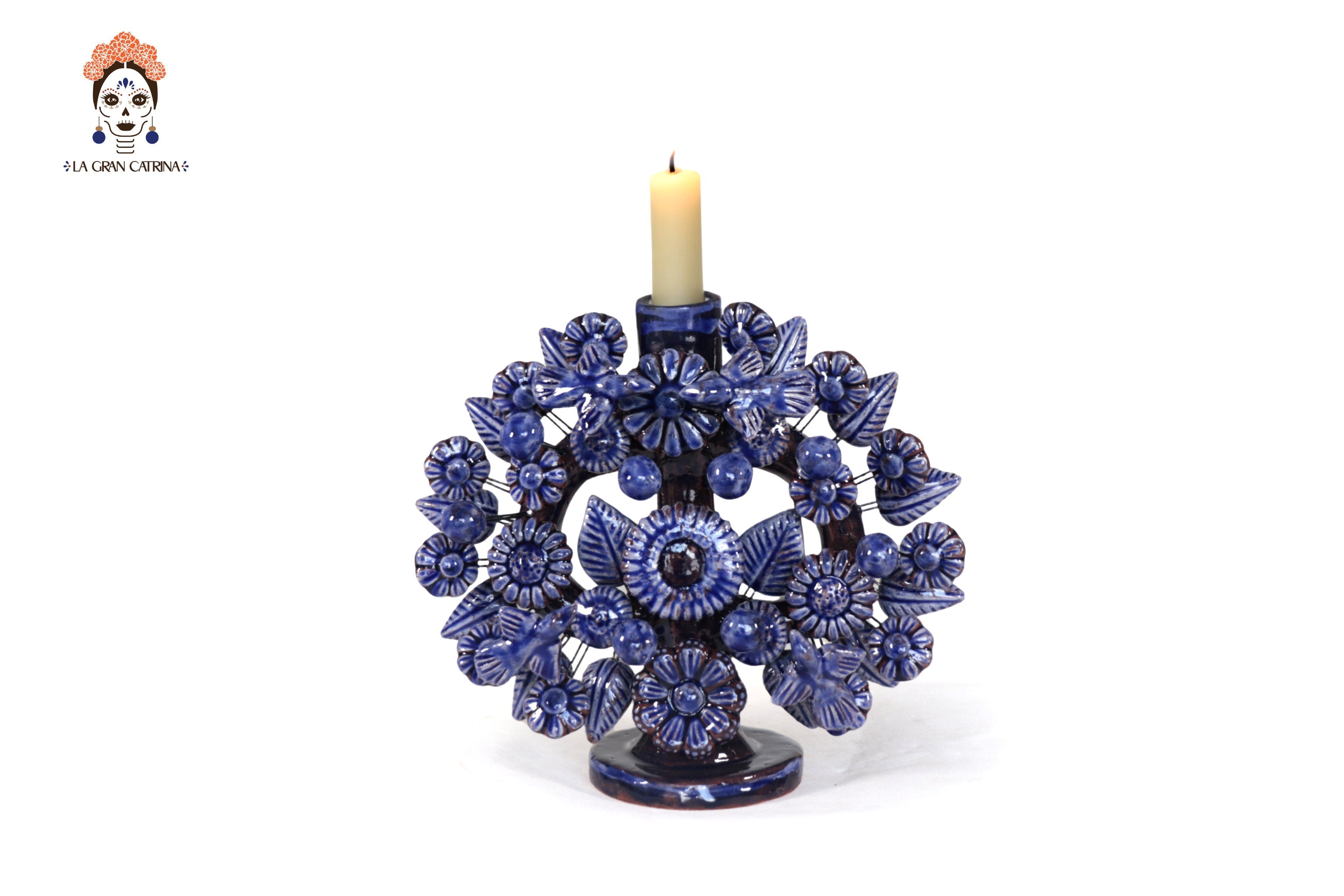 Candle Lantern Blue 1-Candle - Glazed Clay - 8.6 in. Montoya