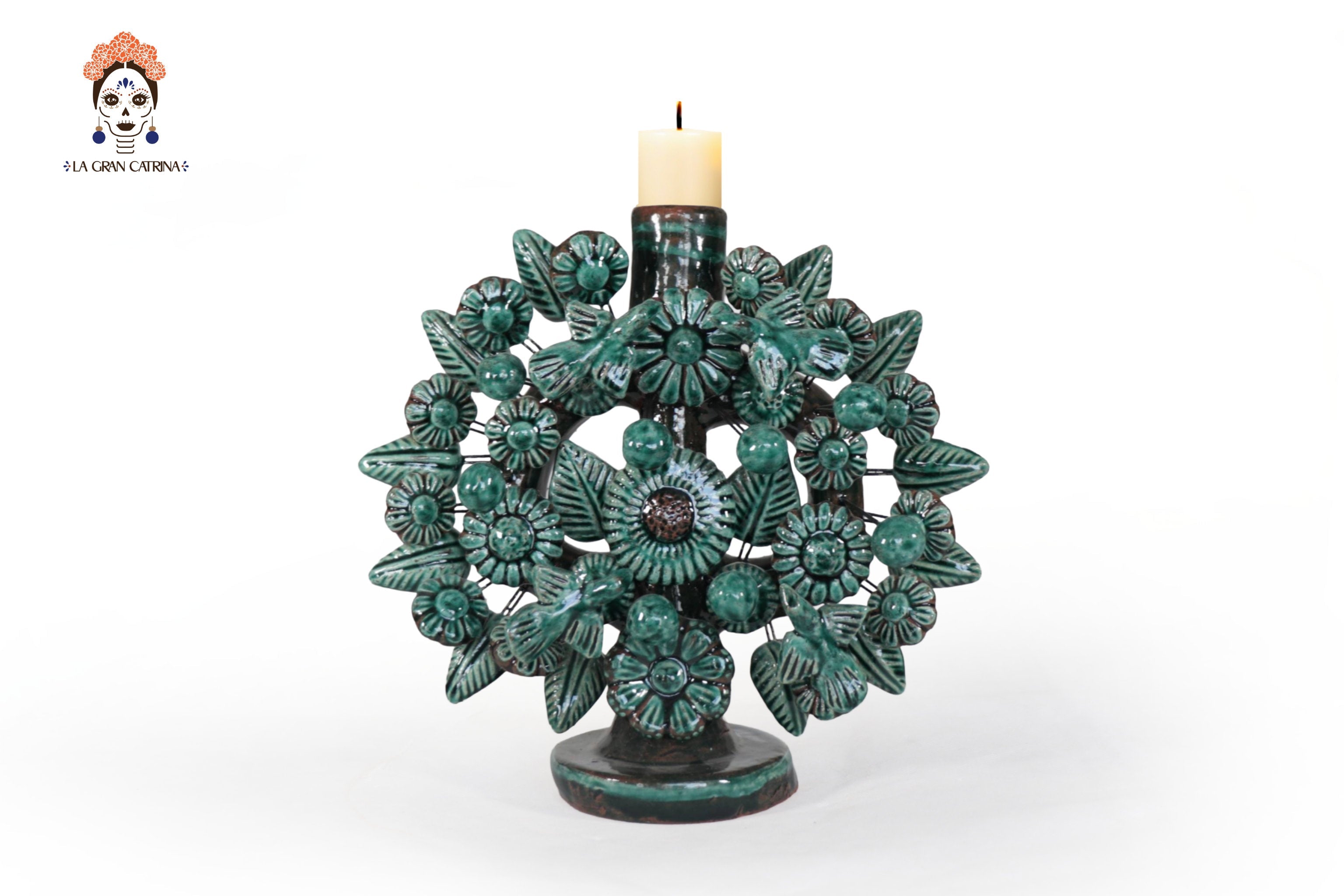 Green 1-Candle Candle Lantern - Glazed Clay - 8.6 in. Montoya