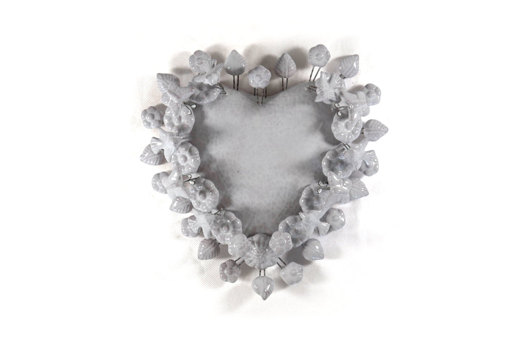 Glazed Clay Heart White with Flowers - 8.6 in. Montoya