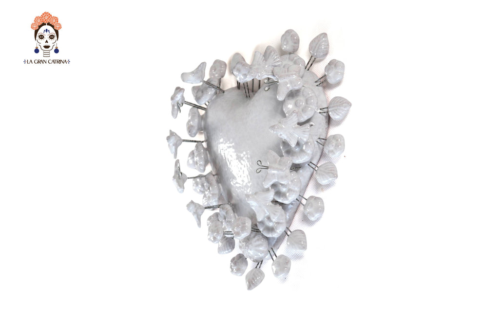 Glazed Clay Heart White with Flowers - 8.6 in. Montoya