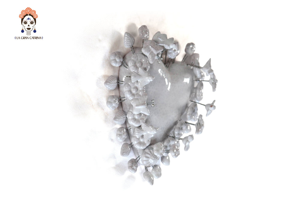 Glazed Clay Heart White with Flowers - 8.6 in. Montoya