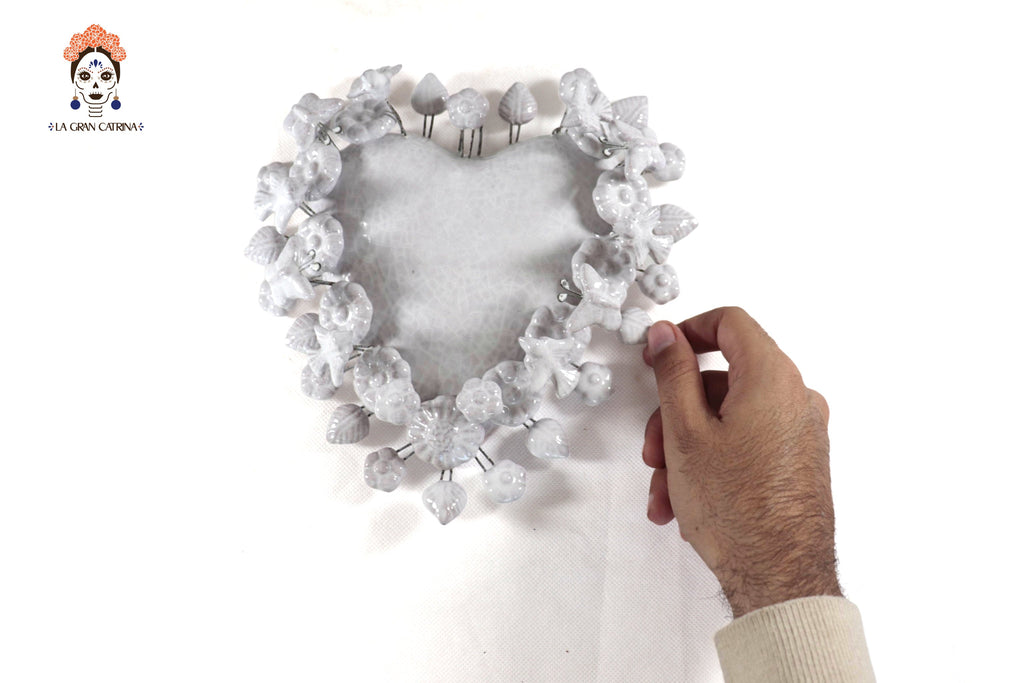 Glazed Clay Heart White with Flowers - 8.6 in. Montoya