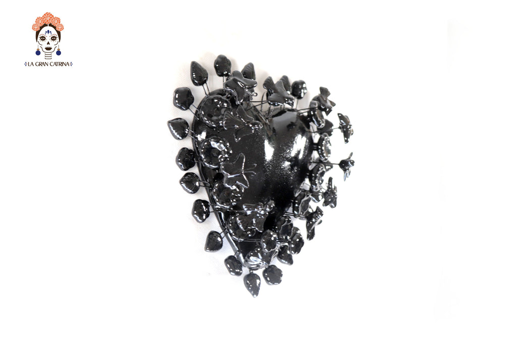 Glazed Clay Heart Black with Flowers - 8.6 in. Montoya