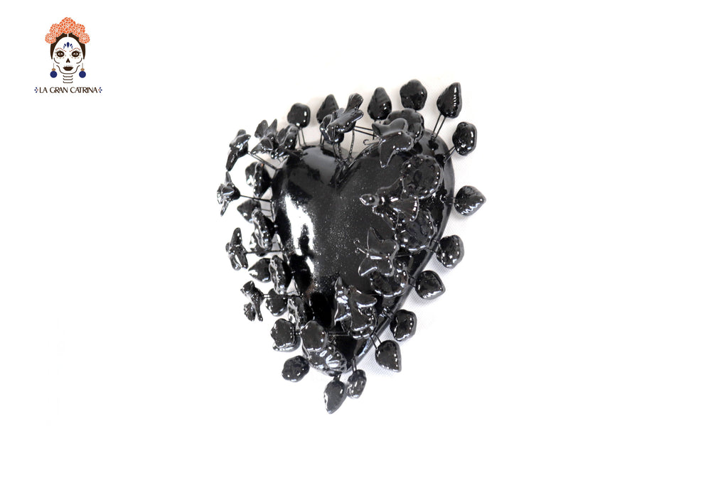 Glazed Clay Heart Black with Flowers - 8.6 in. Montoya