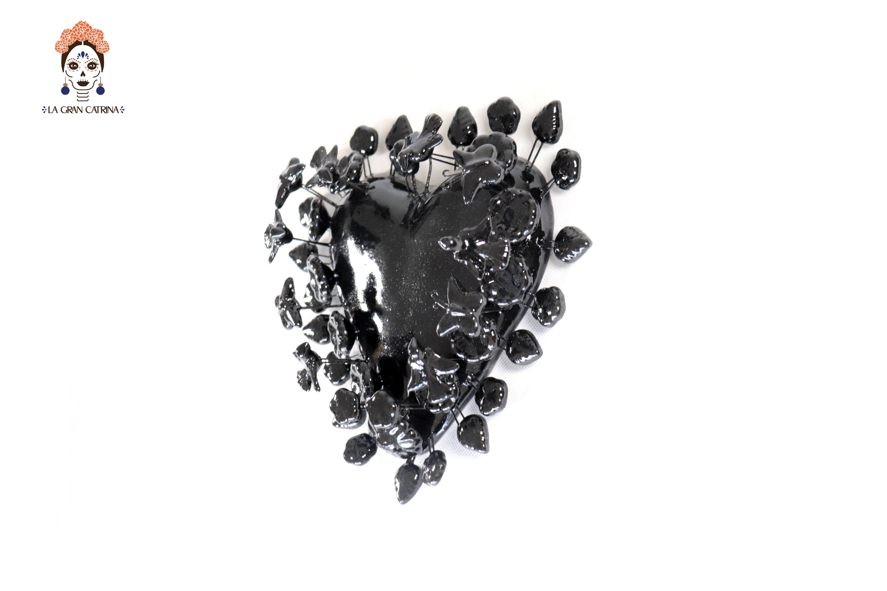 Glazed Clay Heart Black with Flowers - 8.6 in. Montoya