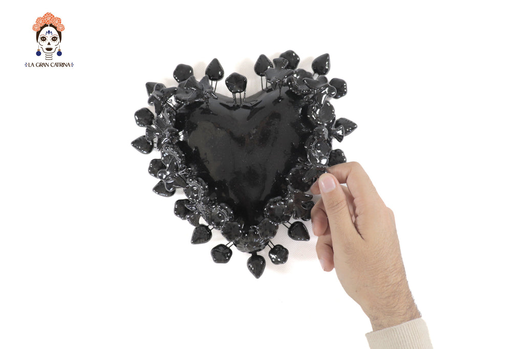 Glazed Clay Heart Black with Flowers - 8.6 in. Montoya
