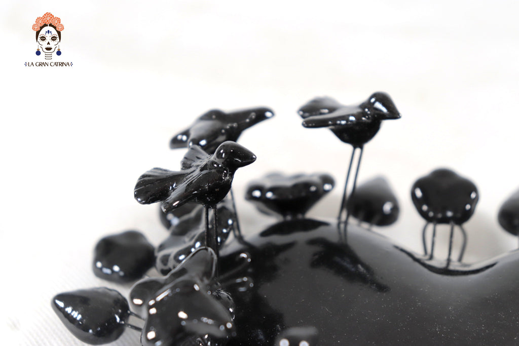 Glazed Clay Heart Black with Flowers - 8.6 in. Montoya