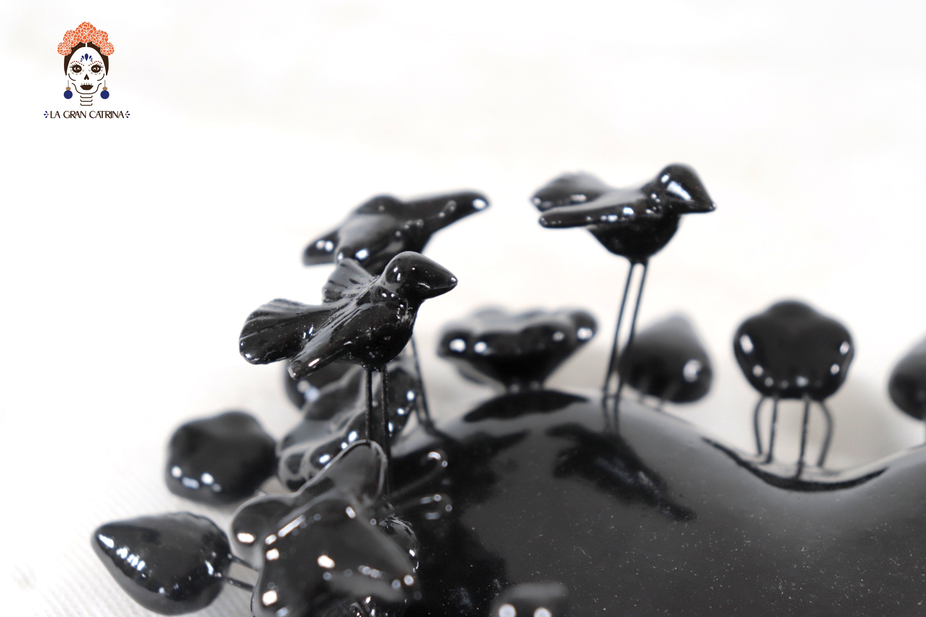 Glazed Clay Heart Black with Flowers - 8.6 in. Montoya