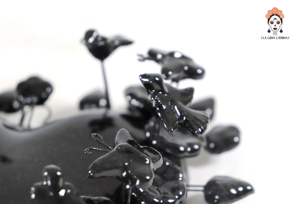 Glazed Clay Heart Black with Flowers - 8.6 in. Montoya