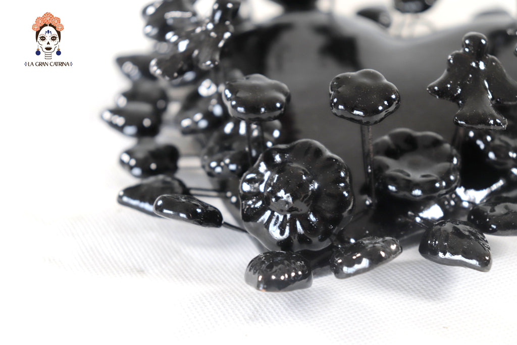 Glazed Clay Heart Black with Flowers - 8.6 in. Montoya