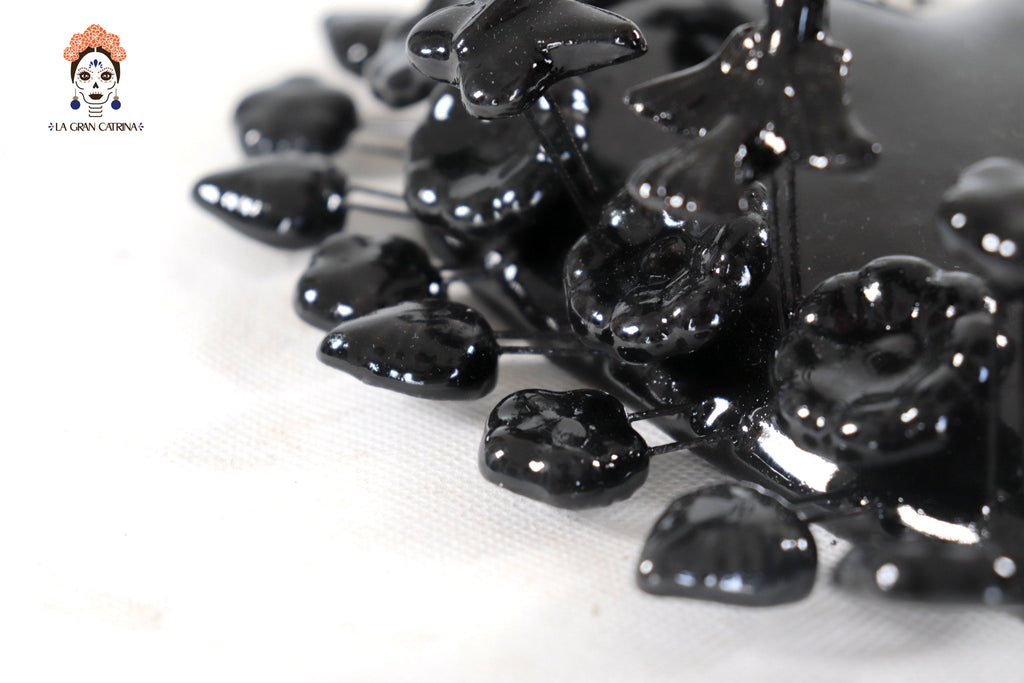 Glazed Clay Heart Black with Flowers - 8.6 in. Montoya