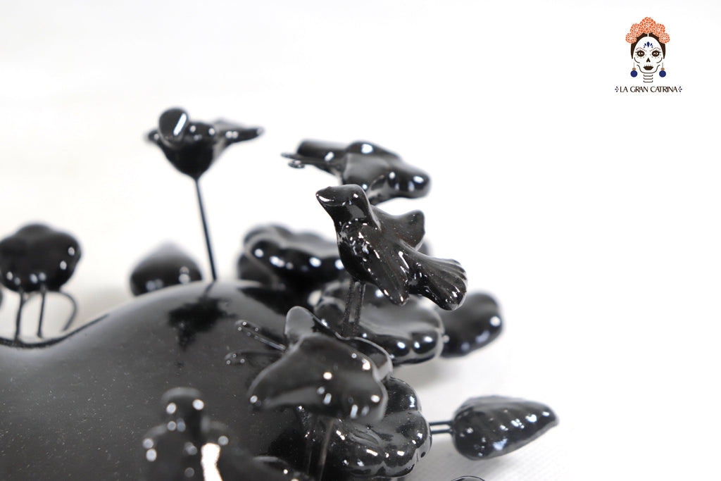 Glazed Clay Heart Black with Flowers - 8.6 in. Montoya