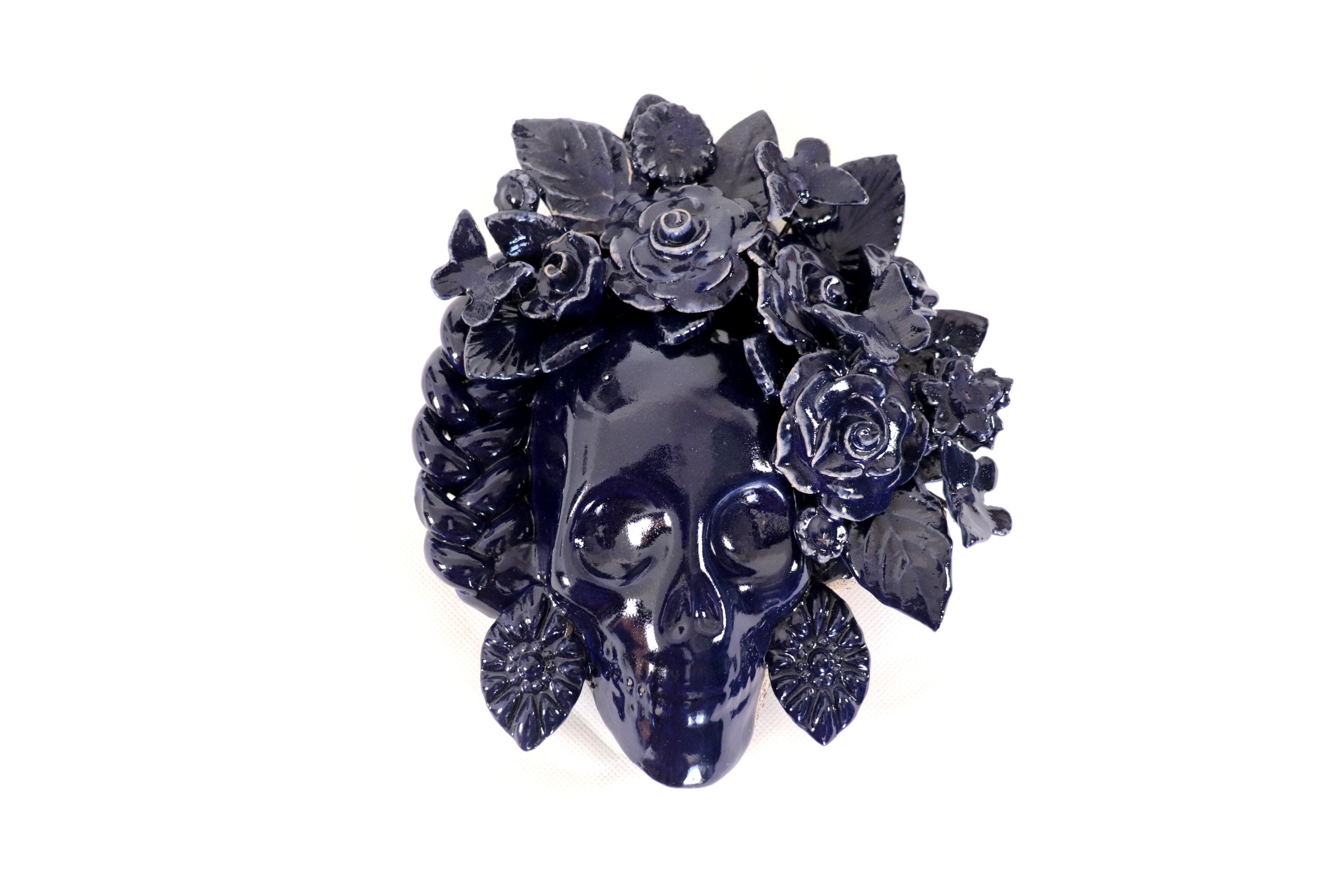 Skull Glazed Clay Blue with Flowers and Trenza II - 7.6 in. Tiru