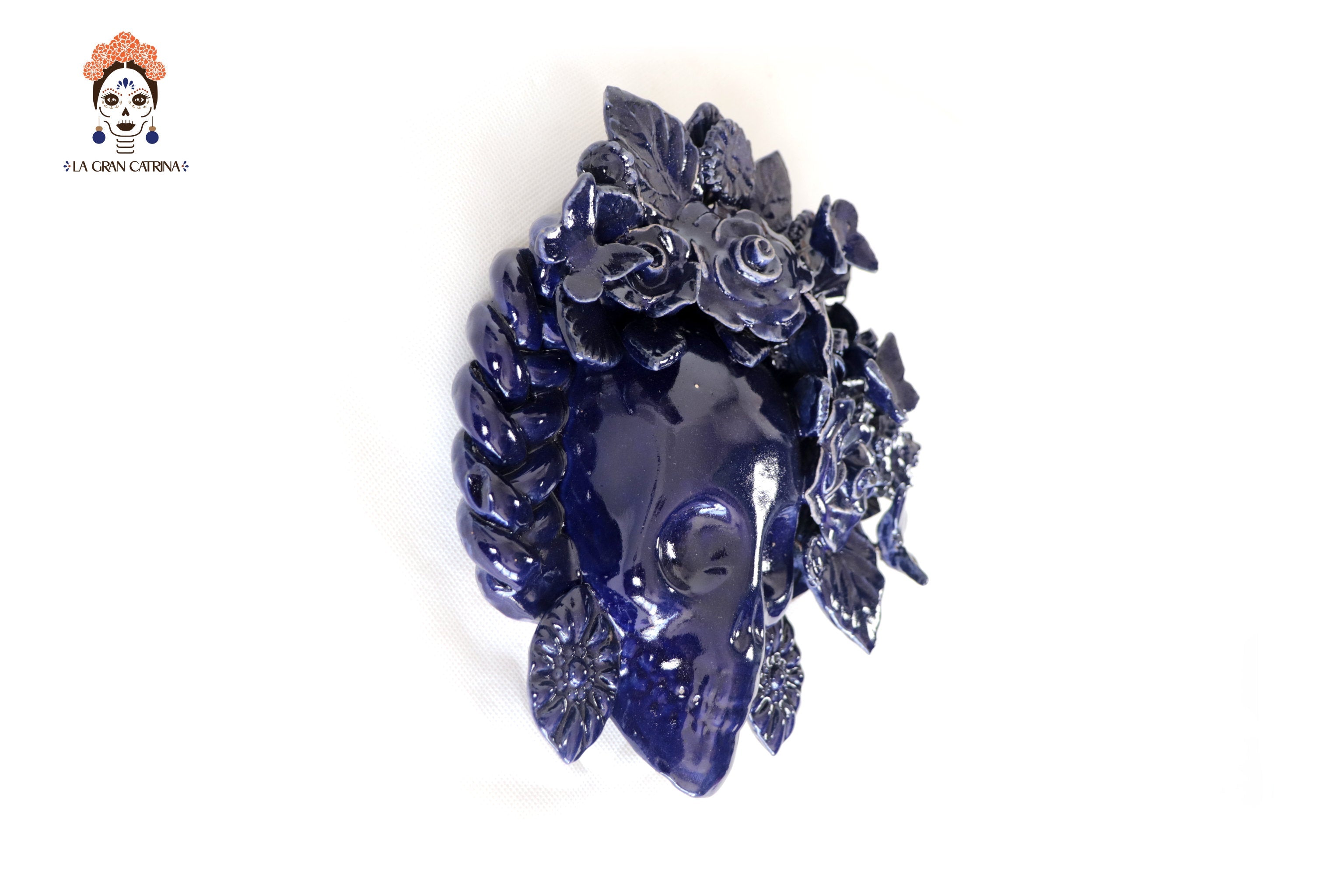 Skull Glazed Clay Blue with Flowers and Trenza II - 7.6 in. Tiru