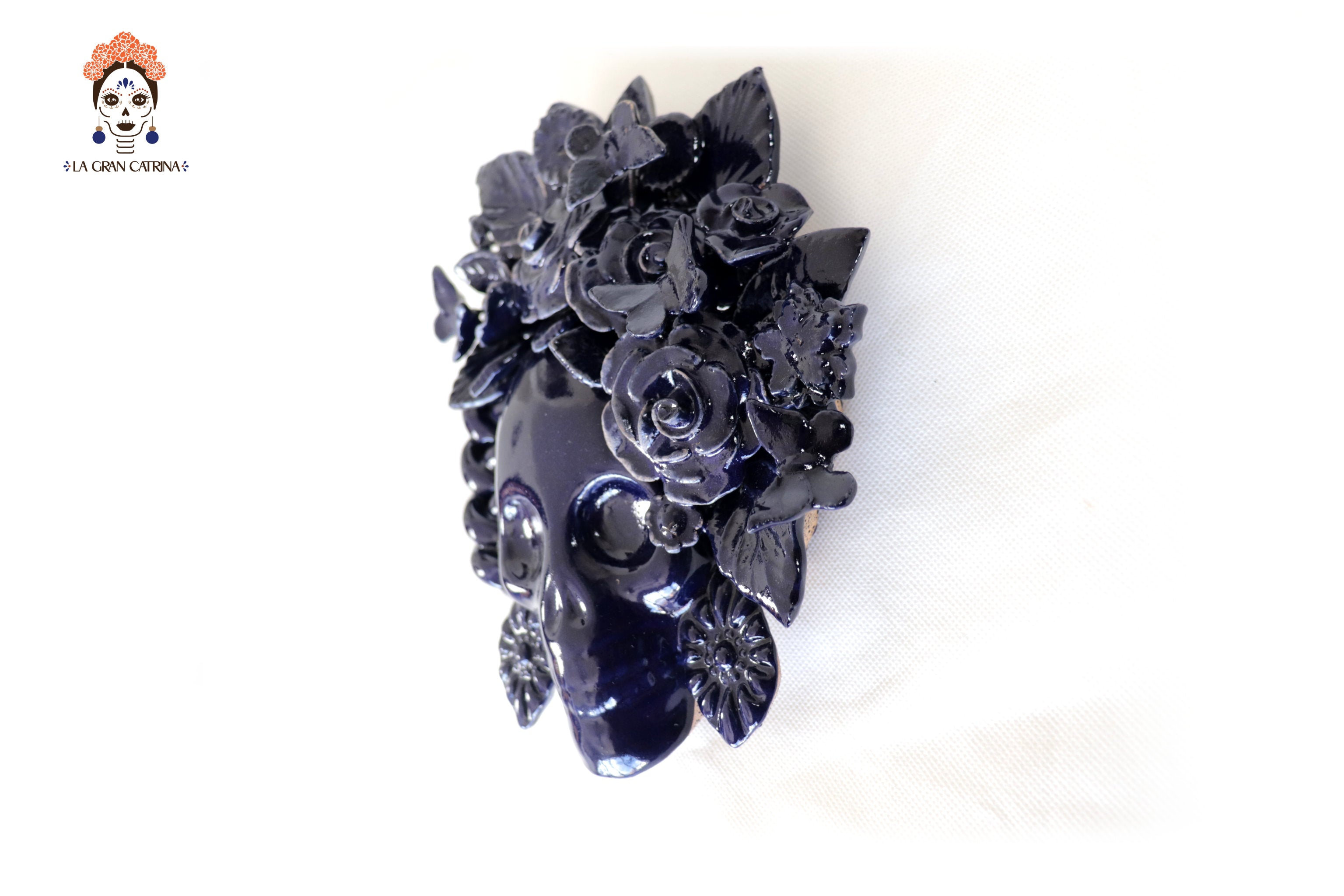 Skull Glazed Clay Blue with Flowers and Trenza II - 7.6 in. Tiru