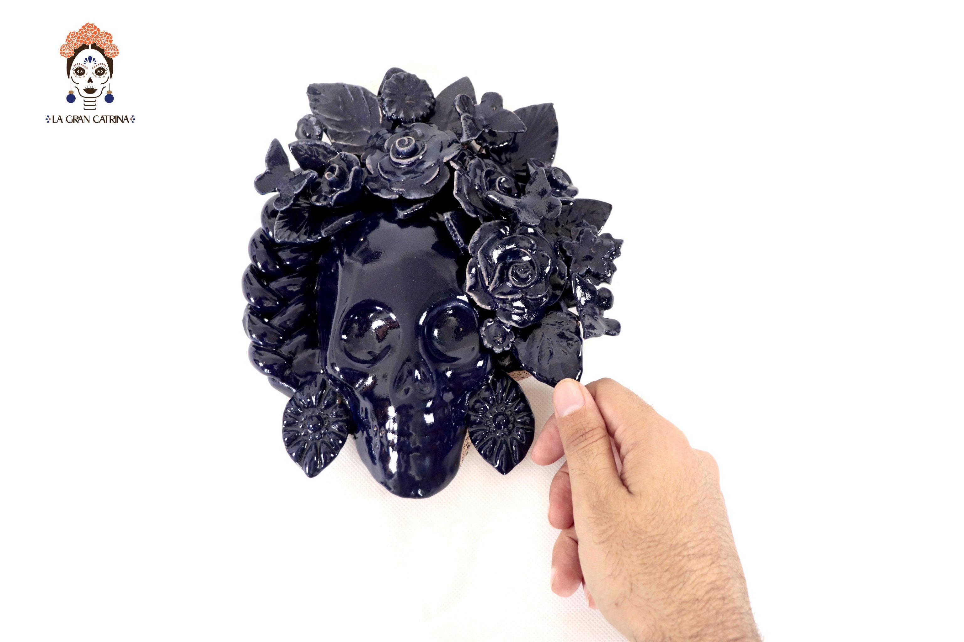 Skull Glazed Clay Blue with Flowers and Trenza II - 7.6 in. Tiru